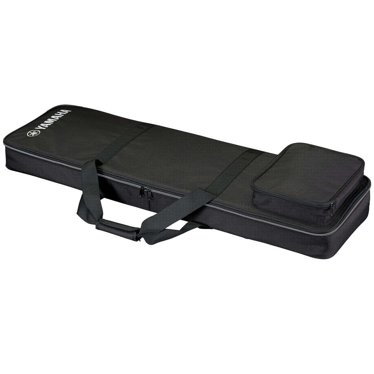 Angled closed view: Yamaha SCDE76 soft case for CK76 closed, angled view showing Yamaha logo, carry handles, and front accessory pocket