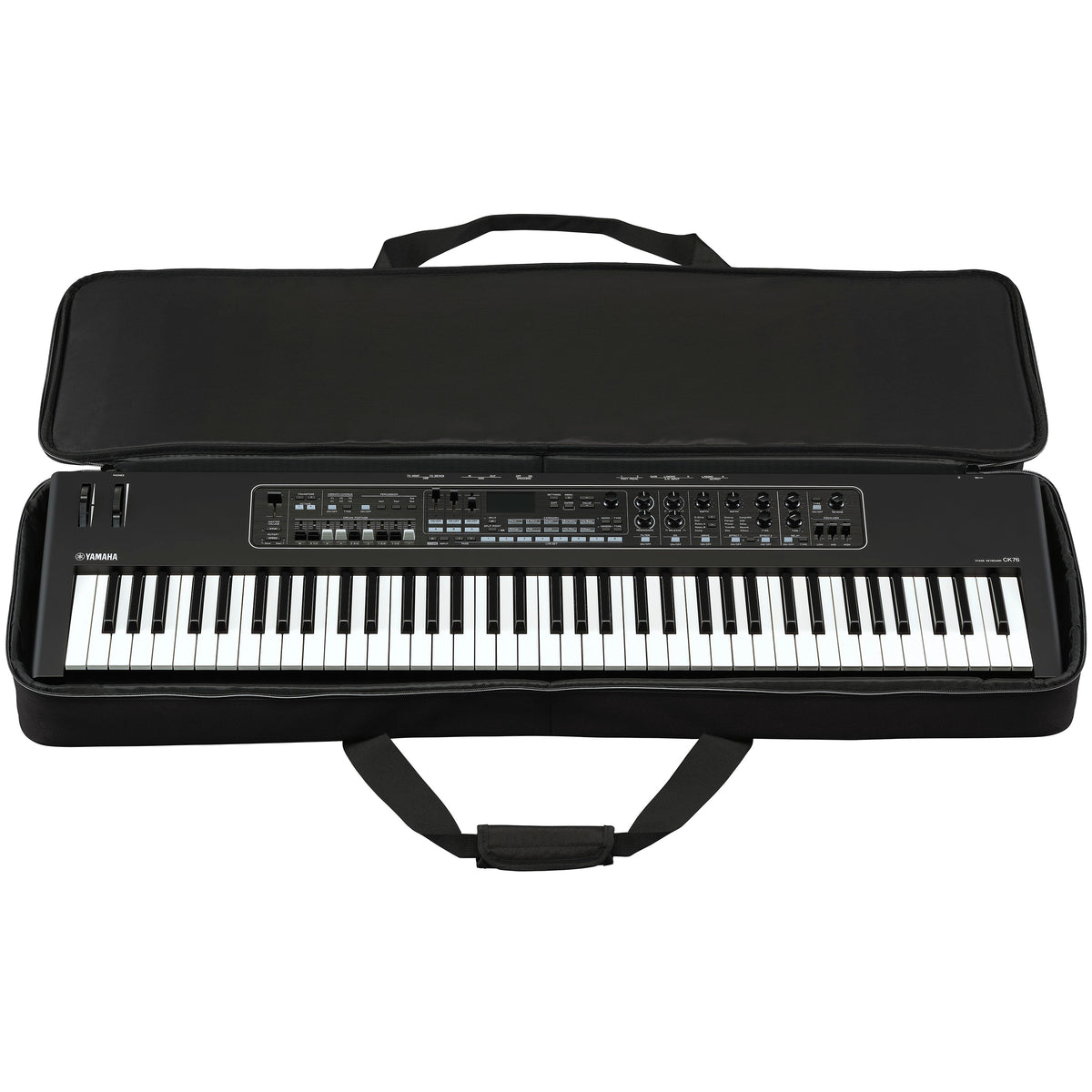 With keyboard inside: Yamaha CK76 stage keyboard placed inside the open Yamaha SCDE76 soft case