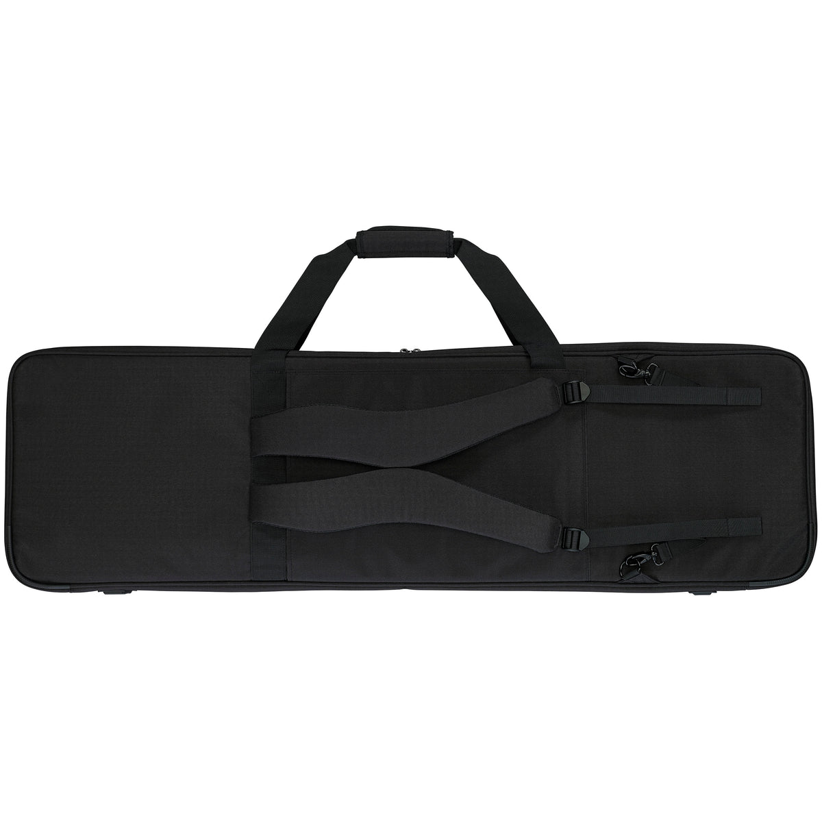 Back view: Back of Yamaha SCDE76 soft case showing padded backpack straps with adjustable buckles and clips