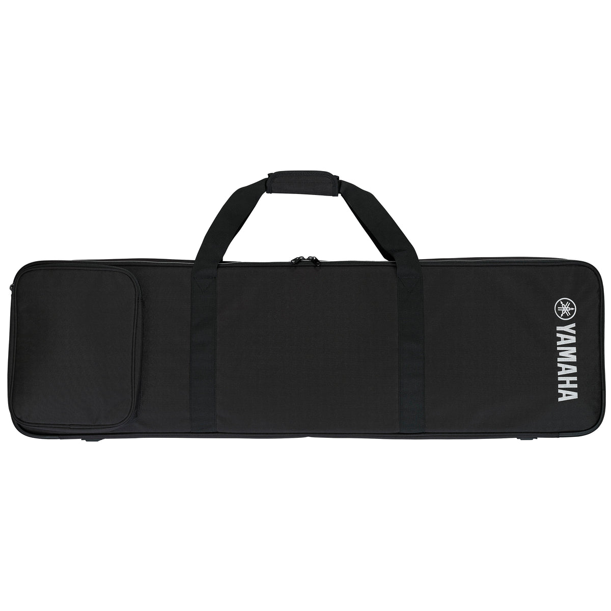 Front view: Front of Yamaha SCDE76 soft case for CK76 with Yamaha logo, carry handles, and zippered accessory pocket