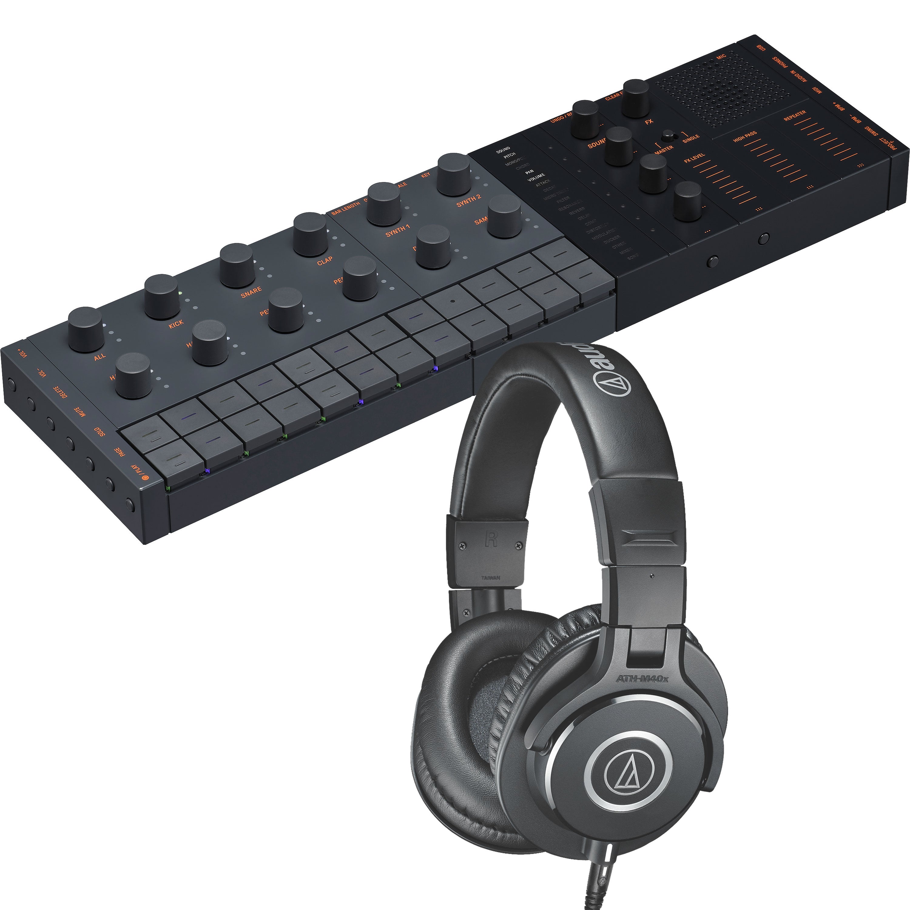 Collage showing components in Yamaha Seqtrak Mobile Music Ideastation - Black/Gray STUDIO KIT
