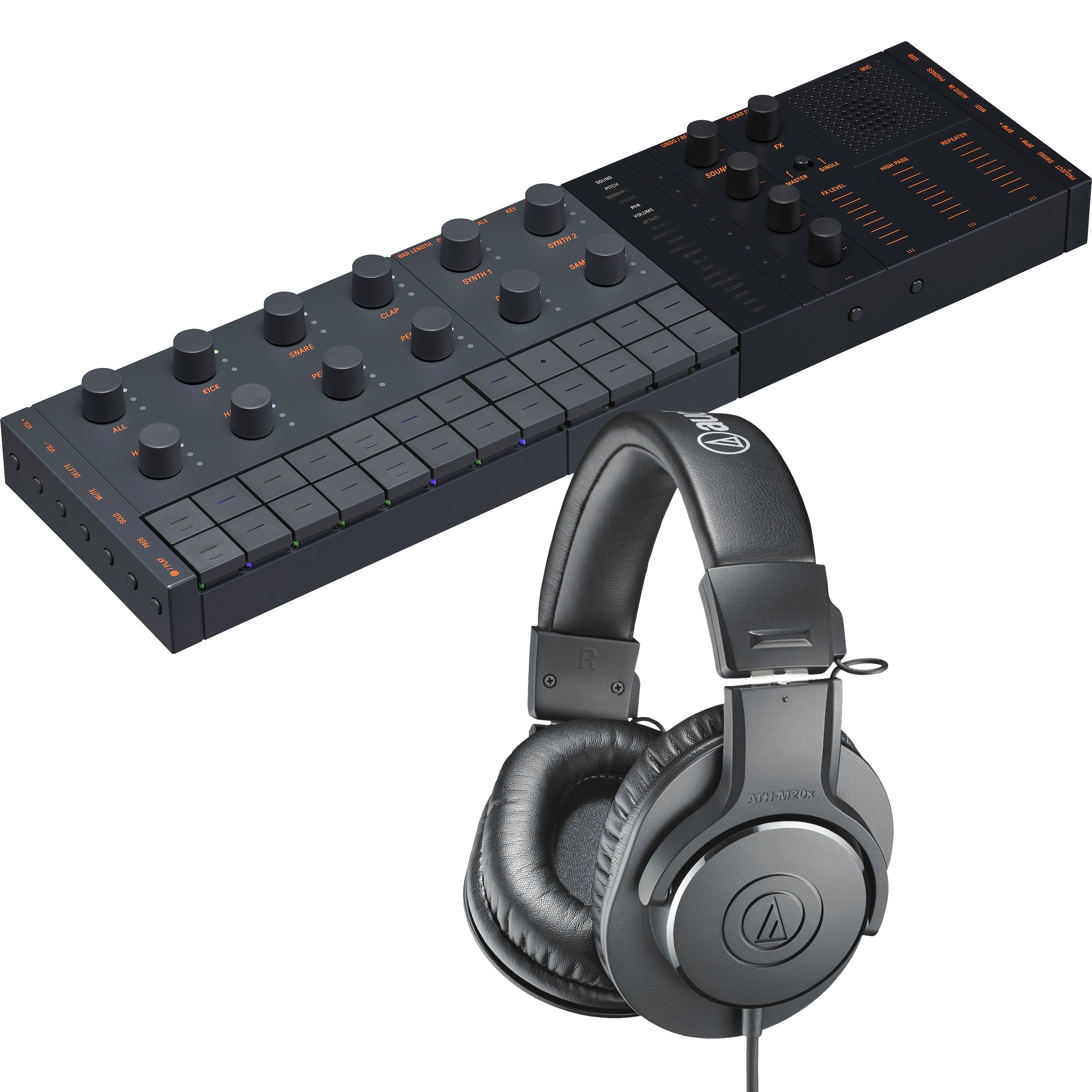 Collage showing components in Yamaha Seqtrak Mobile Music Ideastation - Black/Gray STUDIO KIT