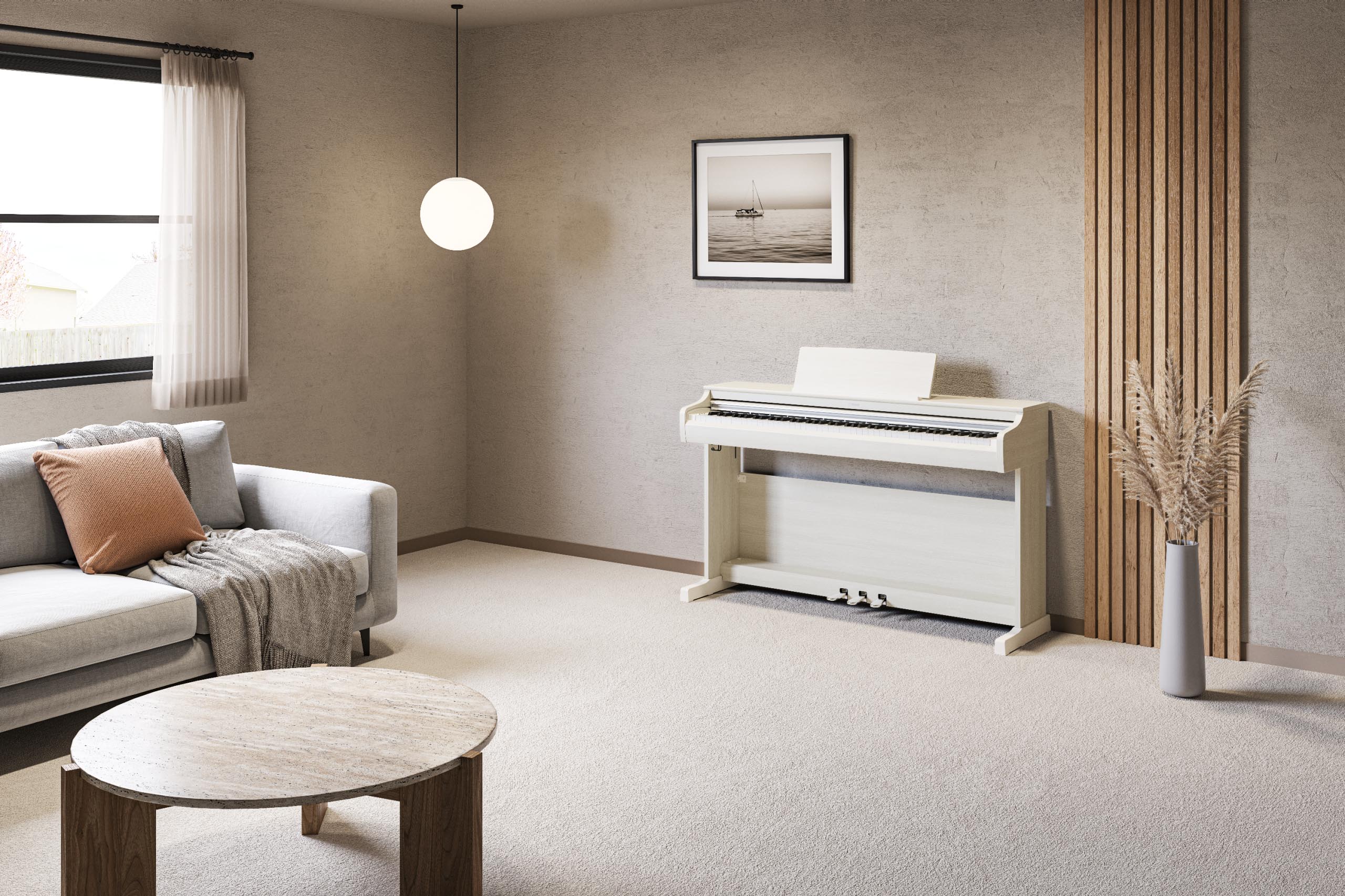 Modern living room with a white digital piano, gray sofa, and wooden coffee table.
