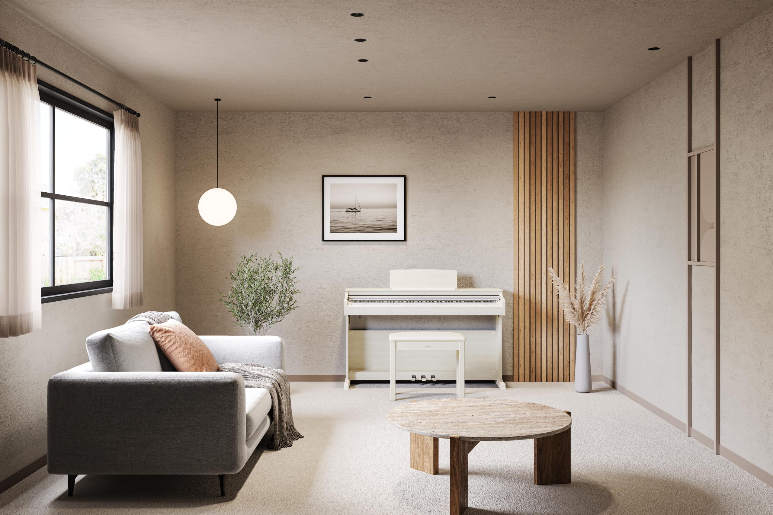 Modern living room with a piano, sofa, and decor elements.