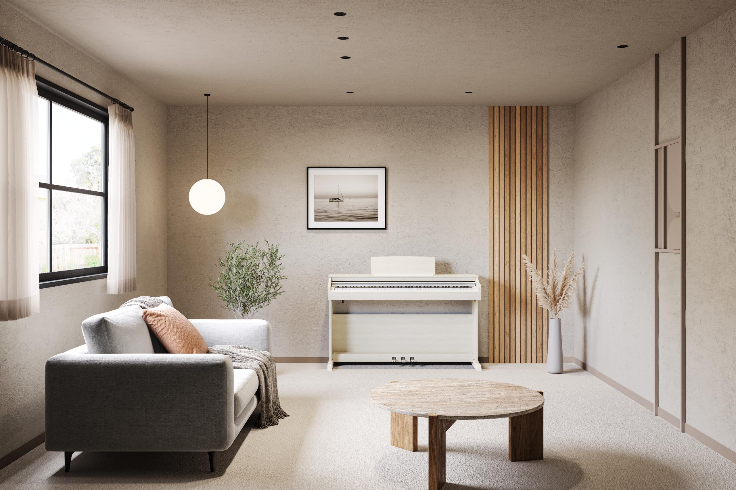 Modern living room with a white piano, sofa, and decorative elements.