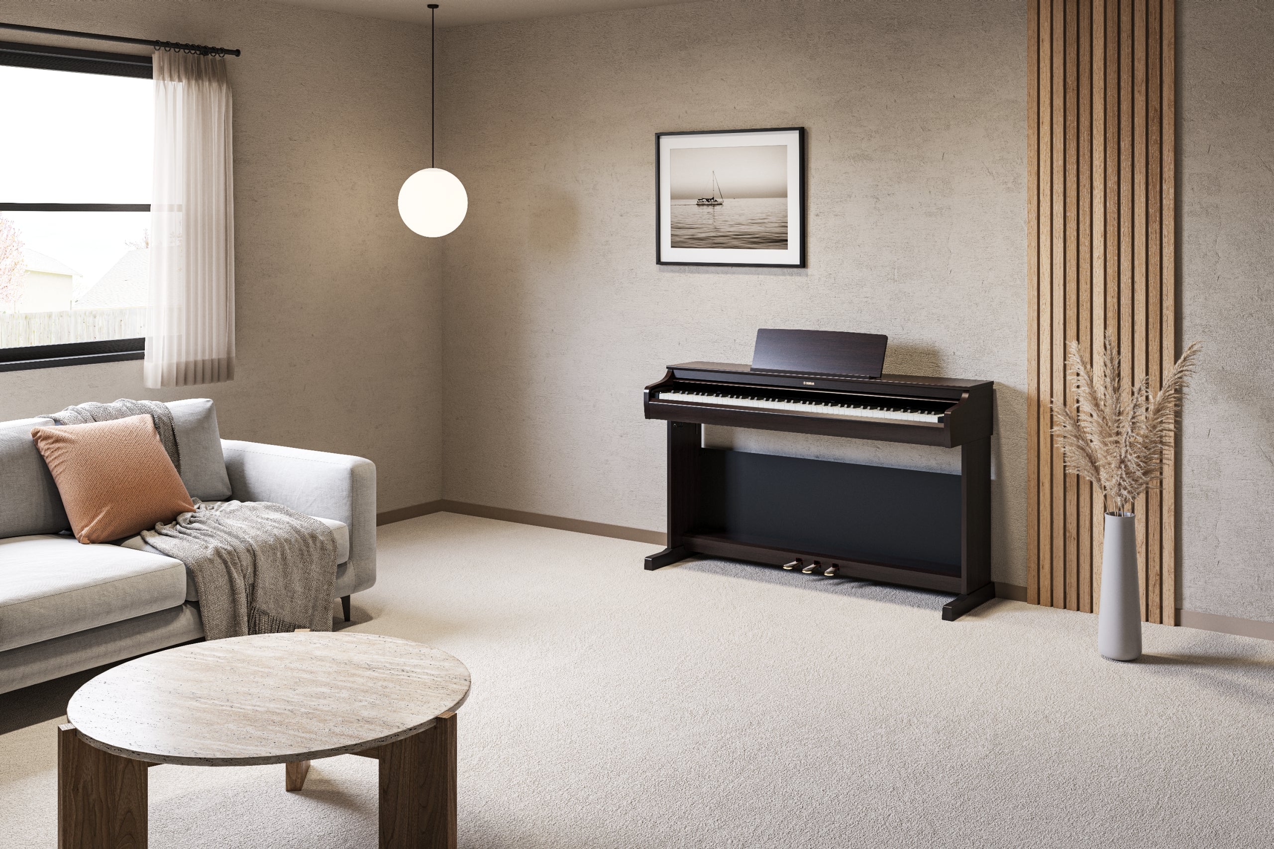 Modern living room with a rosewood digital piano, gray sofa, and round wooden table.