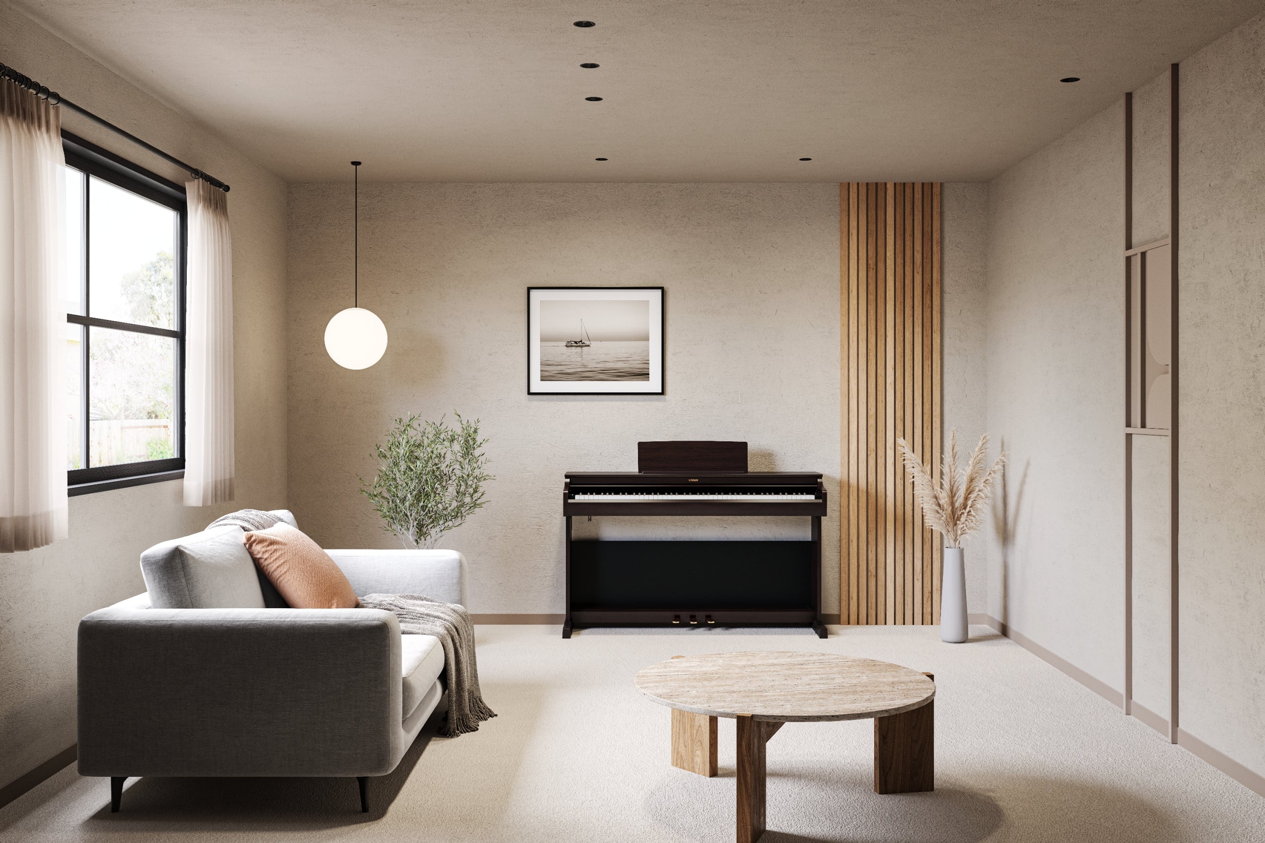 Modern living room with a piano, sofa, and decor elements.