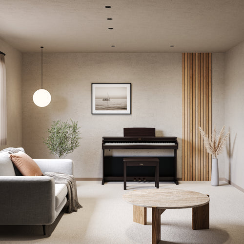 Modern living room with a piano, sofa, and decorative elements.