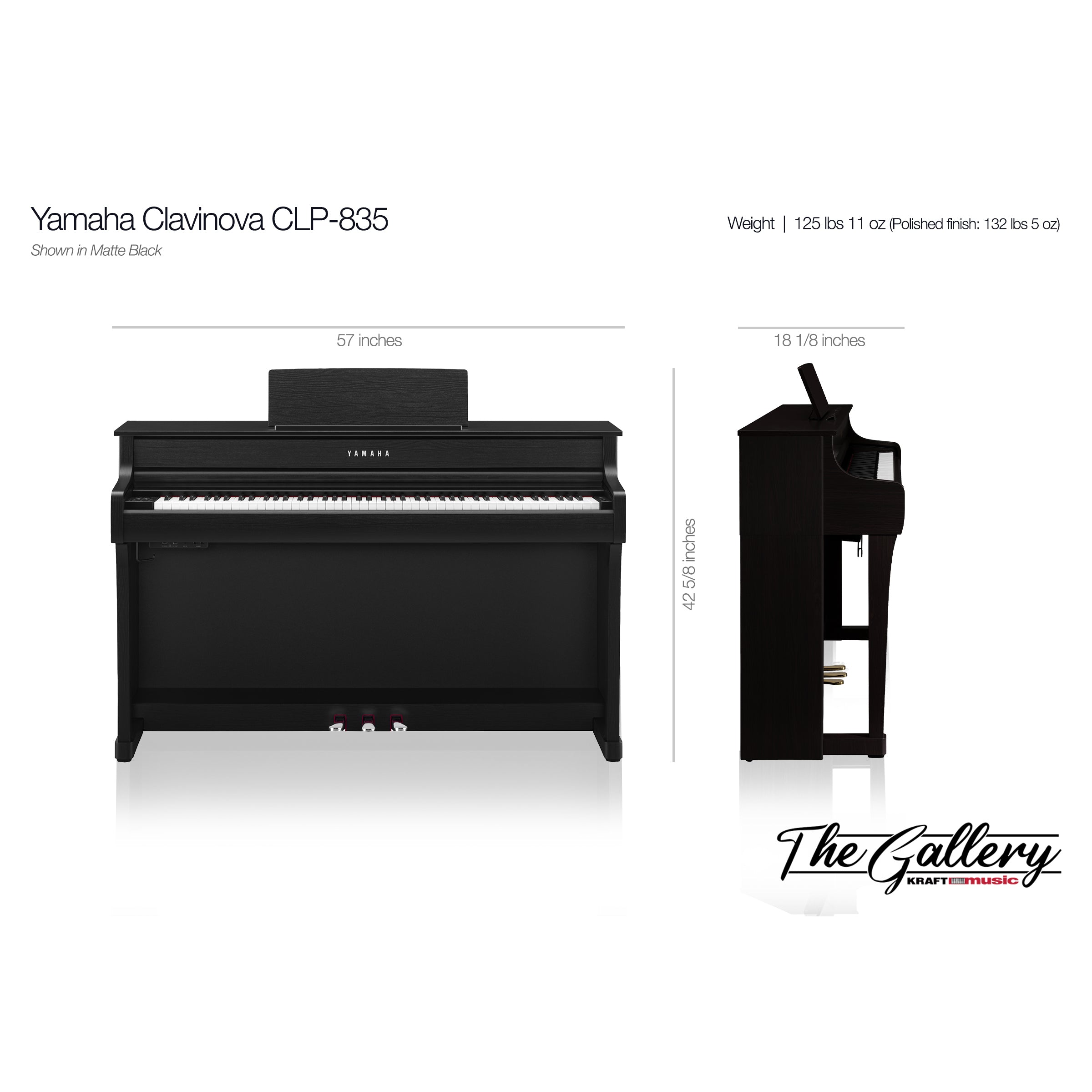 Yamaha Clavinova CLP-835 Digital Piano - Dimensions