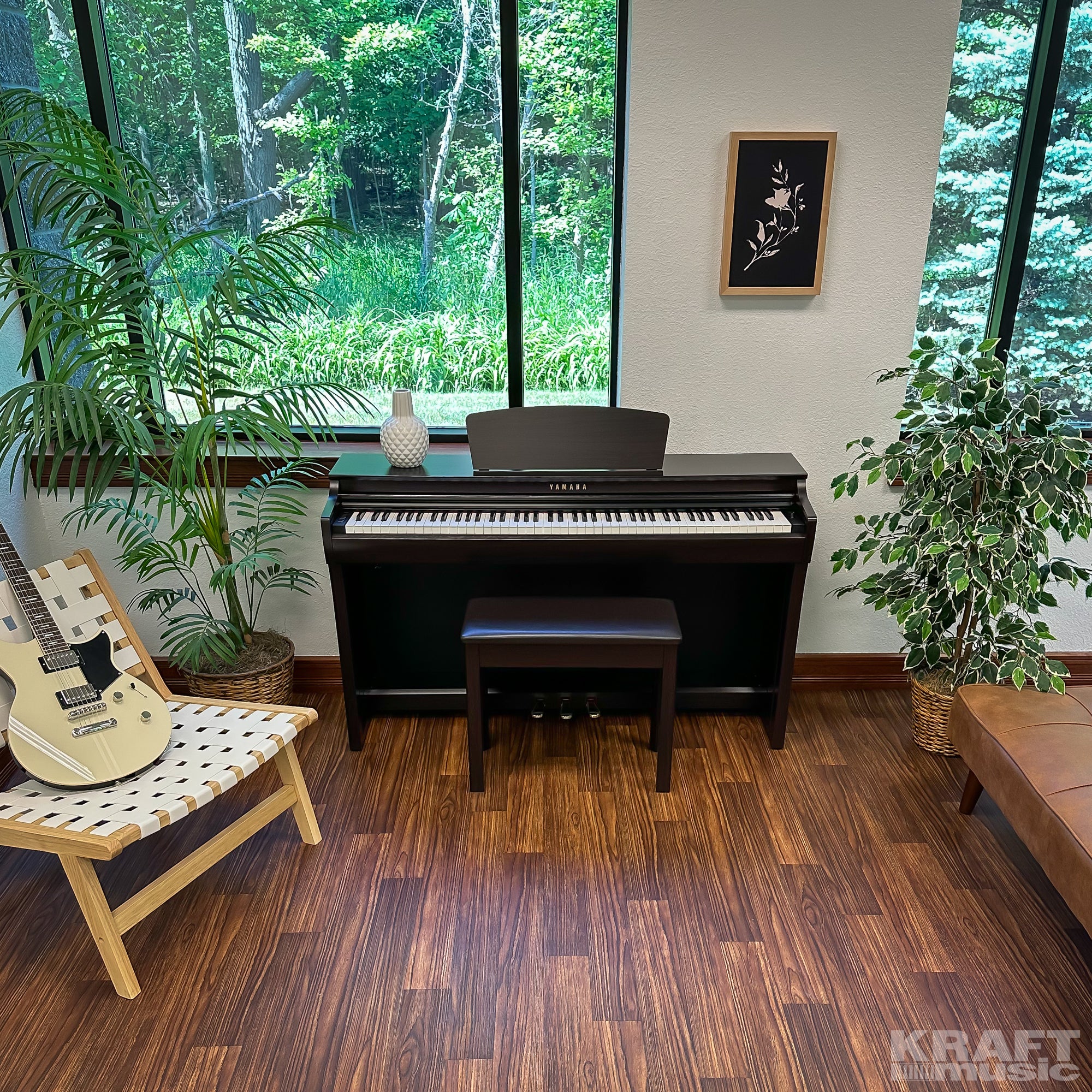Yamaha Clavinova CLP-725 Digital Piano - Rosewood - front view from above in a stylish room