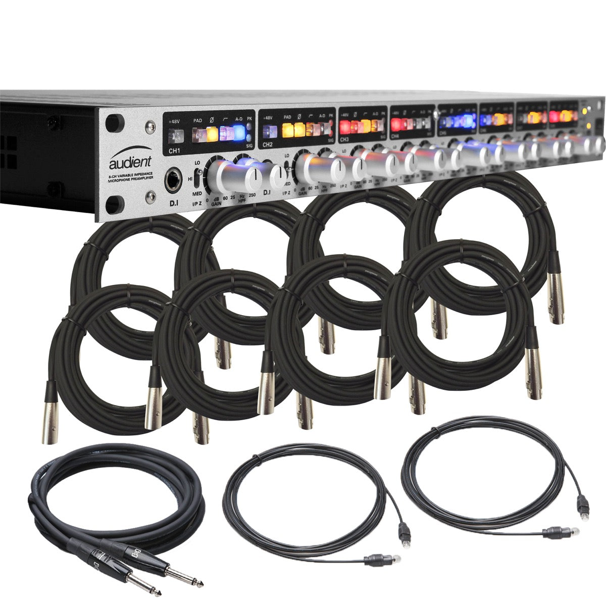 Collage showing components in Audient ASP880 8-Channel Mic Preamp CABLE KIT