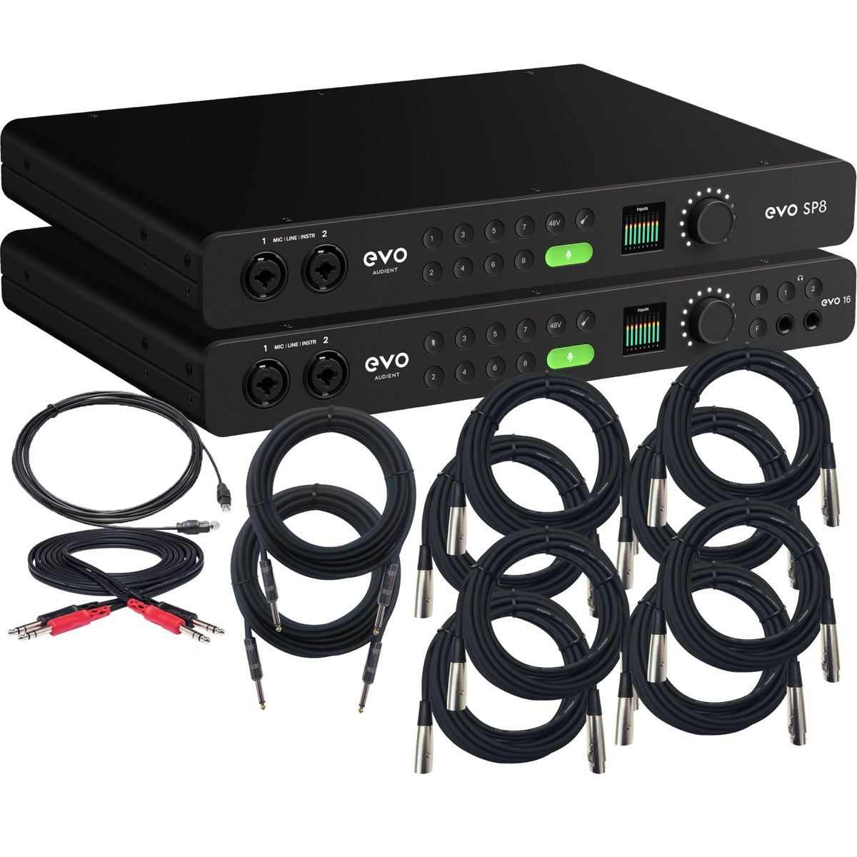 Collage showing components in Audient Evo 16 24in/24out USB-C Audio Interface 16-CHANNEL RIG