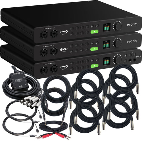 Collage showing components in Audient Evo 16 24in/24out USB-C Audio Interface 24-CHANNEL RIG
