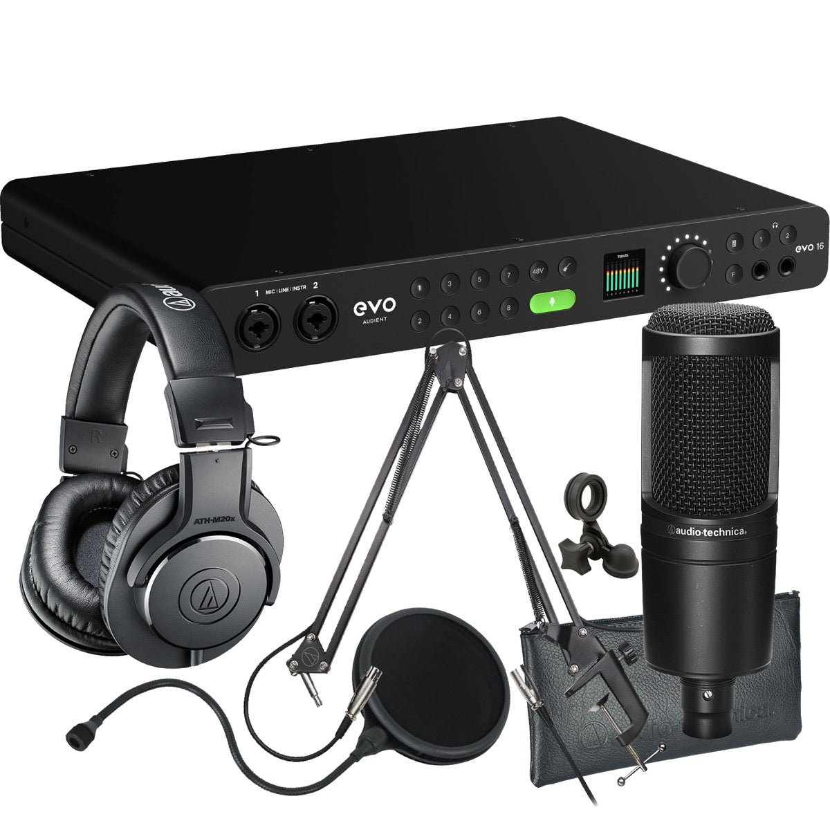 Collage showing components in Audient Evo 16 24in/24out USB-C Audio Interface PODCASTING PAK
