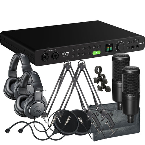 Collage showing components in Audient Evo 16 24in/24out USB-C Audio Interface PODCASTING DUO PAK