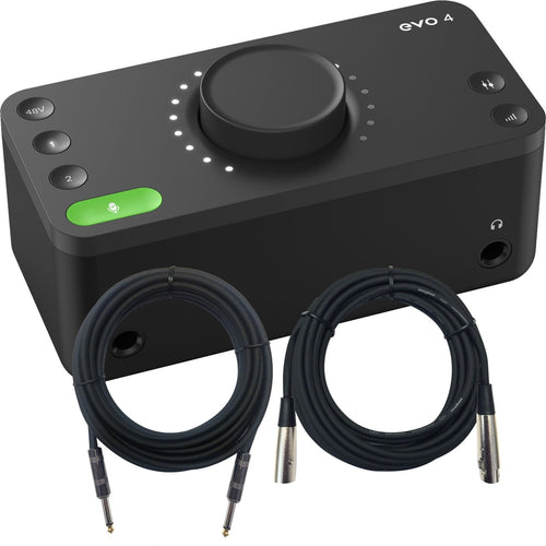 Collage showing components in Audient Evo 4 2in/2out USB-C Audio Interface CABLE KIT