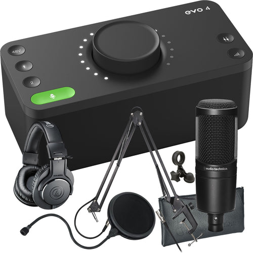 Collage showing components in Audient Evo 4 2in/2out USB-C Audio Interface PODCASTING PAK