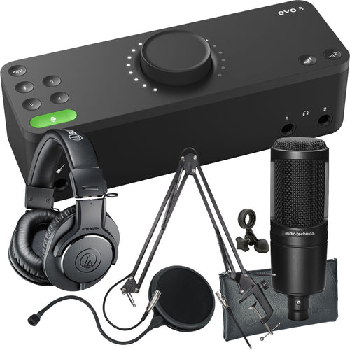 Collage showing components in Audient Evo 8 4in/4out USB-C Audio Interface PODCASTING PAK