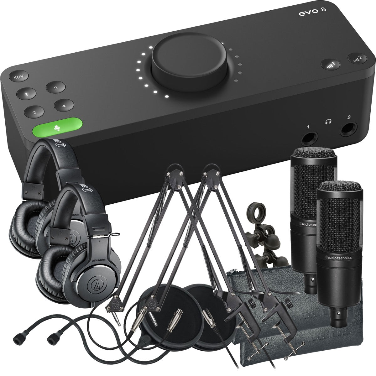 Collage showing components in Audient Evo 8 4in/4out USB-C Audio Interface PODCASTING DUO PAK