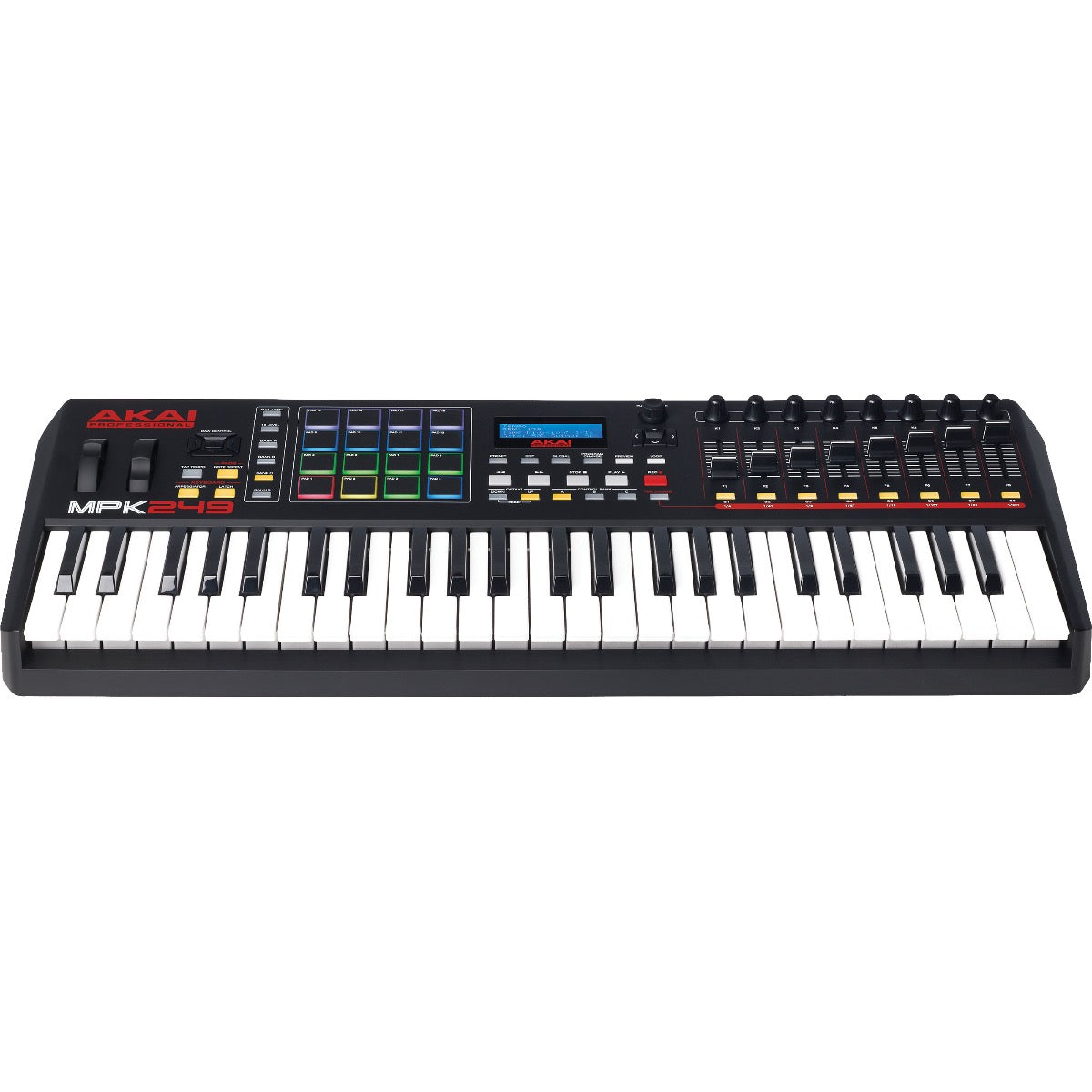 Perspective view of Akai Professional MPK249 Keyboard Controller showing top and front