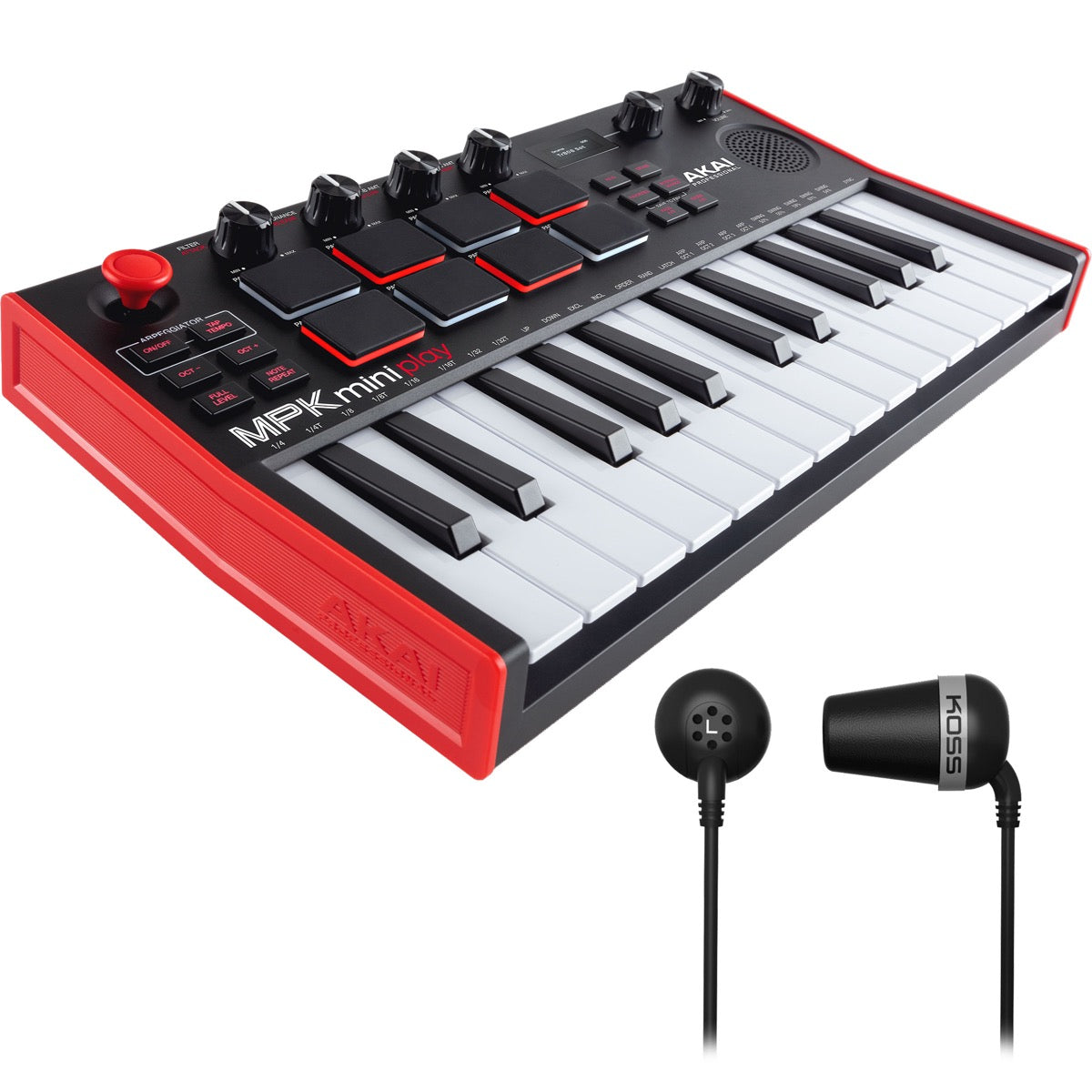 Collage showing components in Akai Professional MPK Mini Play Mk3 Keyboard with Built-In Speaker BONUS PAK