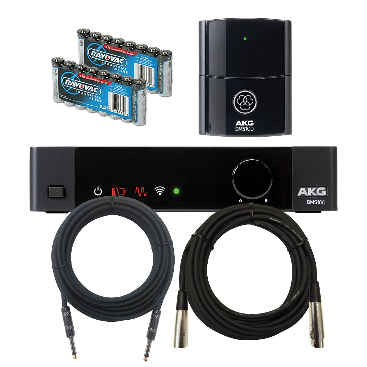 Image of the AKG DMS100 Wireless Instrument System BONUS PAK with the included batteries and cables
