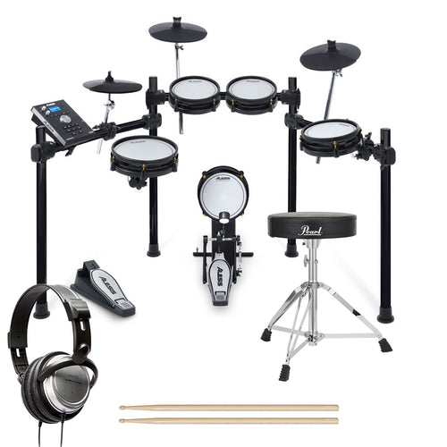 Collage of everything included with the Alesis Command Special Edition 8pc Mesh Kit Electronic Drum Set DRUM ESSENTIALS BUNDLE