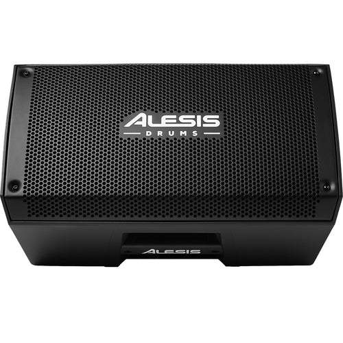 Front perspective view of Alesis Strike Amp 8 Powered Drum Amplifier in horizontal orientation tiled upward showing front and underside