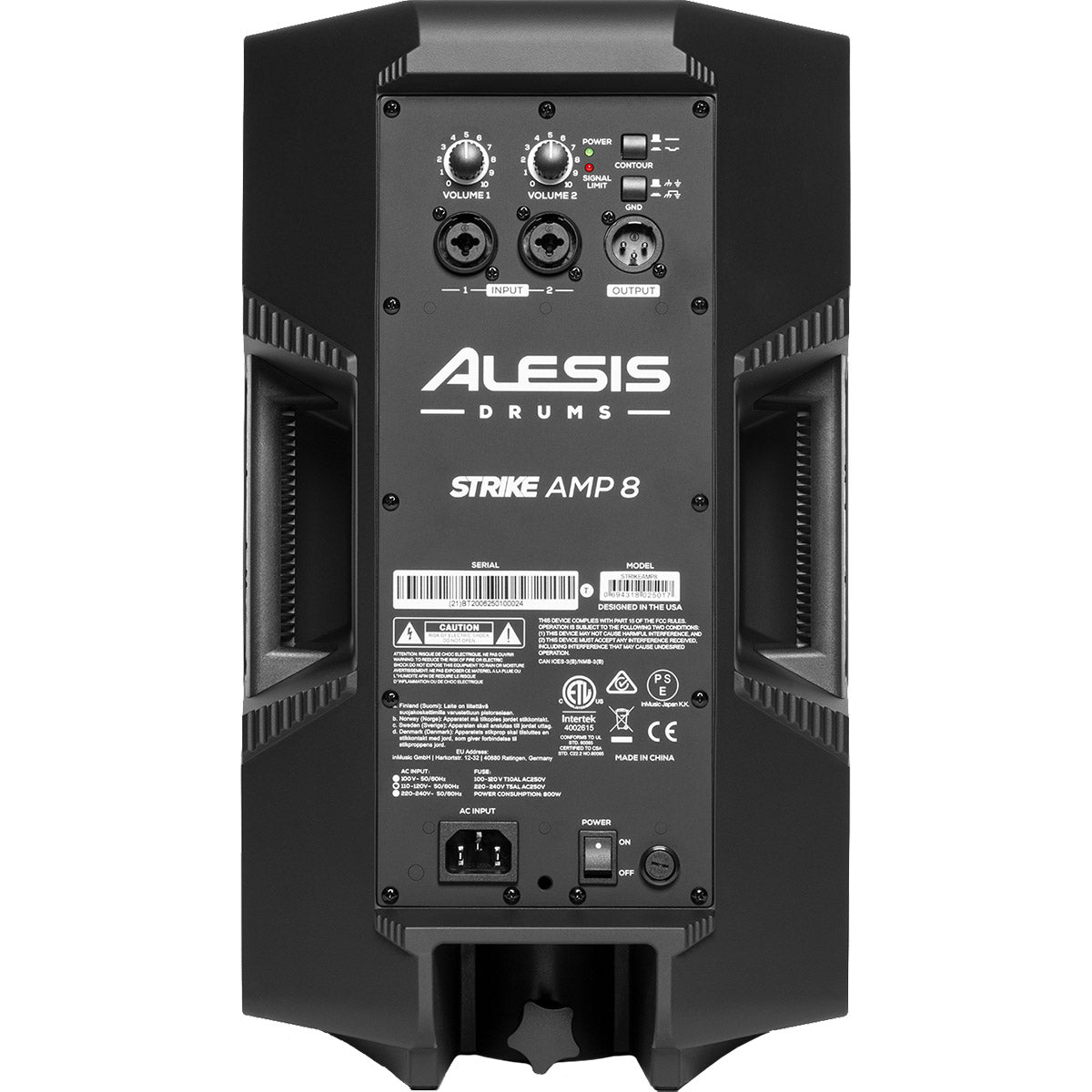 Rear view of Alesis Strike Amp 8 Powered Drum Amplifier in vertical orientation