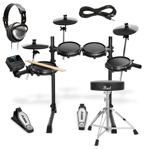 Collage of the Alesis Turbo Mesh Electronic Drum Set DRUM ESSENTIALS BUNDLE showing included components
