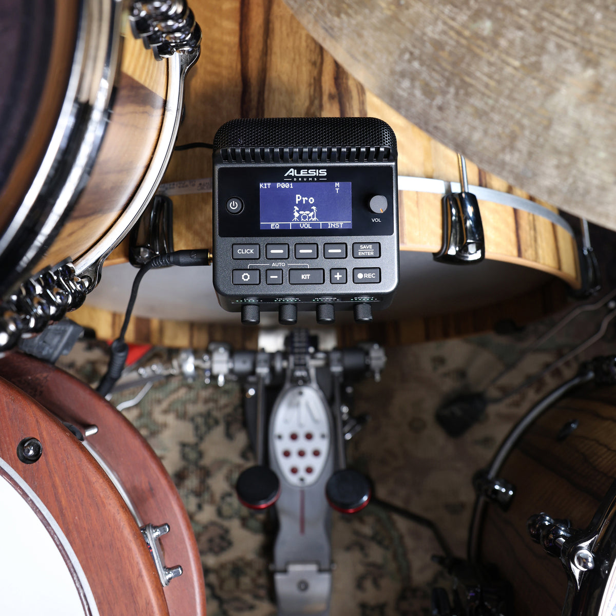 Alesis Kitstream Acoustic Drum Recording System mounted on a bass drum, top view