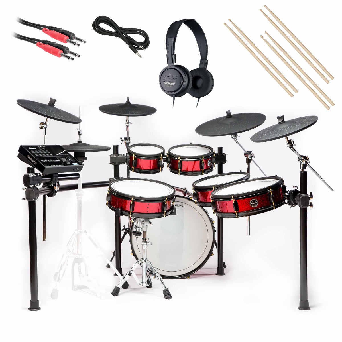 Collage of everything included with the Alesis Strike Pro SE Electronic Drum Set BONUS PAK