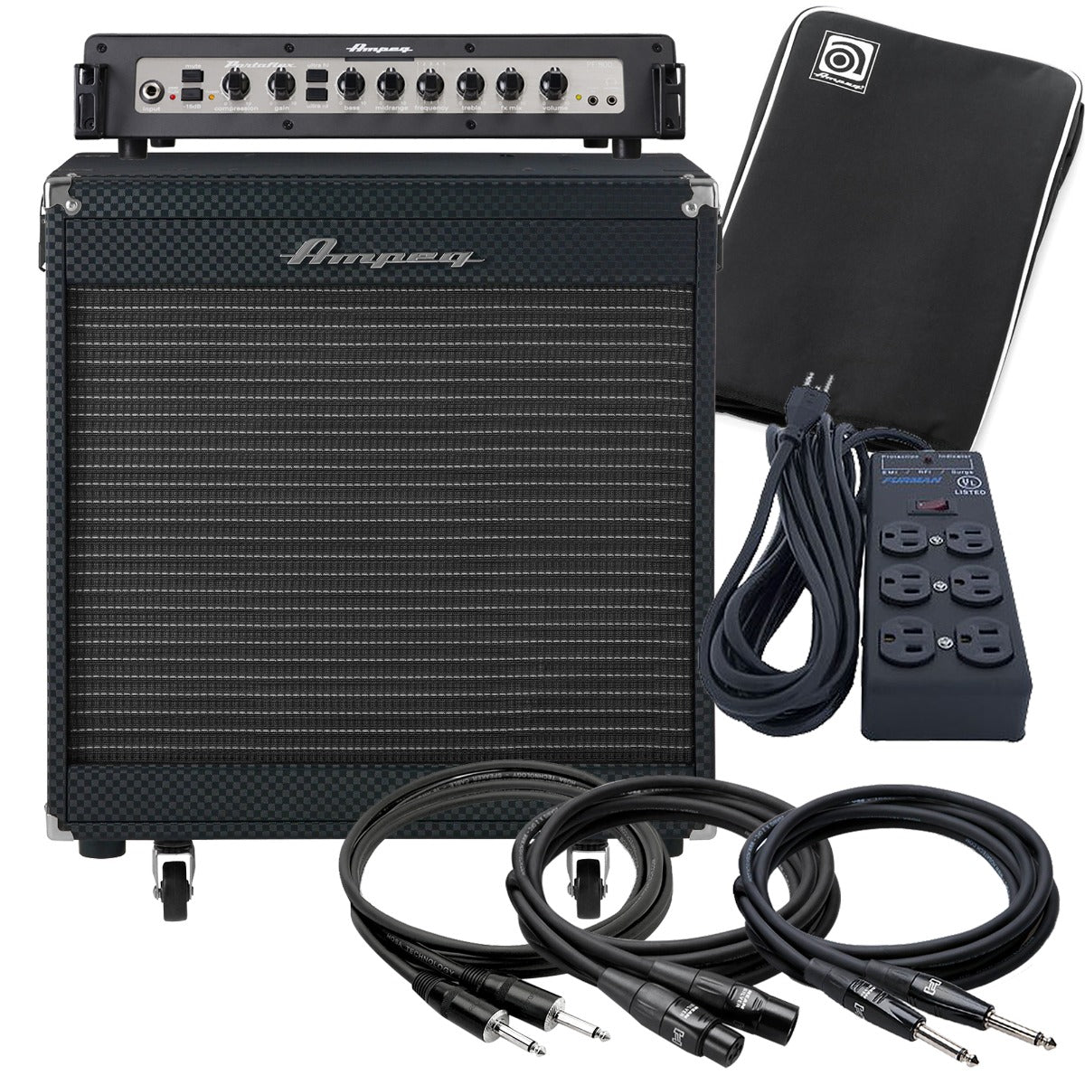 Collage of the components in the Ampeg PF-800 Portaflex Bass Amp Head STUDIO RIG bundle
