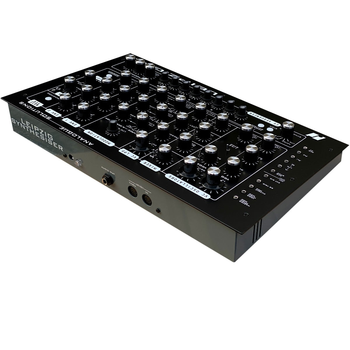 3/4 view of Analogue Solutions Leipzig v3 Monophonic Analog Synthesizer showing top, rear and left side