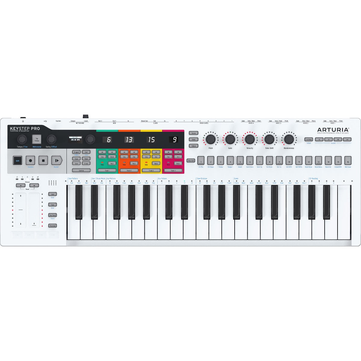 Top view of Arturia KeyStep Pro Controller and Sequencer