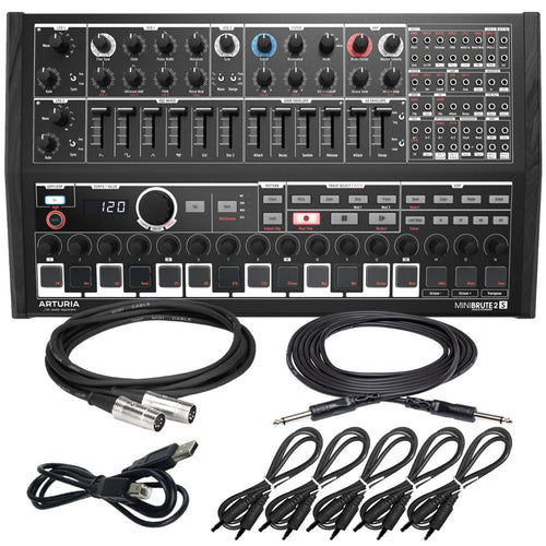 Collage showing components in Arturia MiniBrute 2S Noir Special Edition Analog Synthesizer CABLE KIT