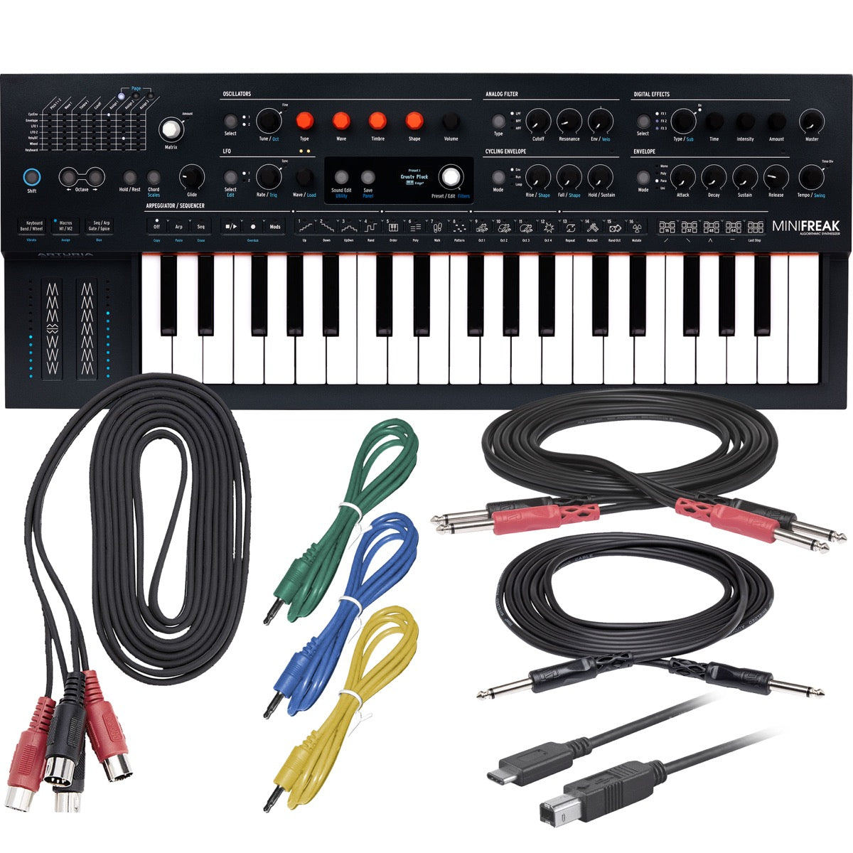 Collage showing components in Arturia MiniFreak Algorithmic Synthesizer CABLE KIT