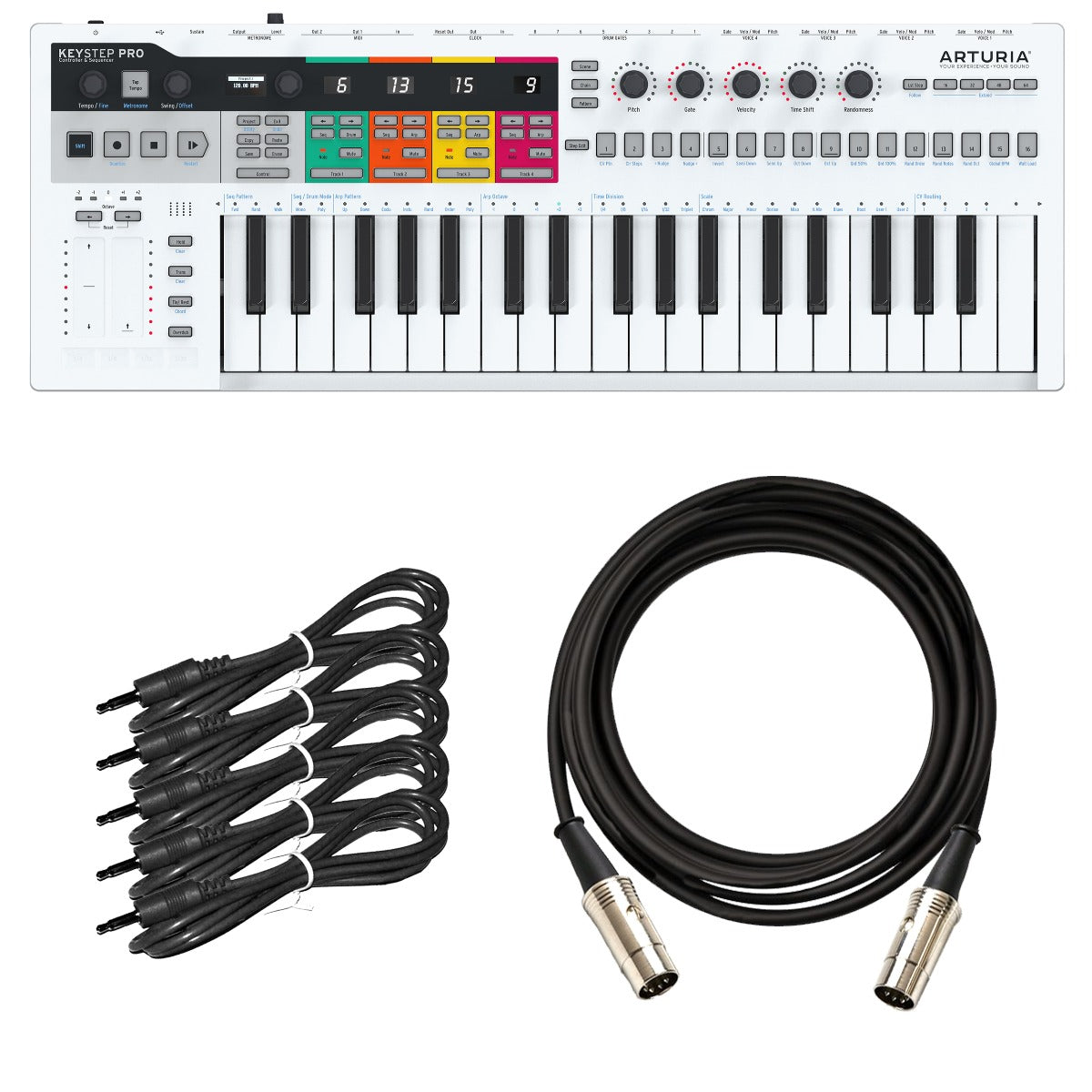 Collage image of the Arturia KeyStep Pro Controller and Sequencer BASIC CABLE KIT