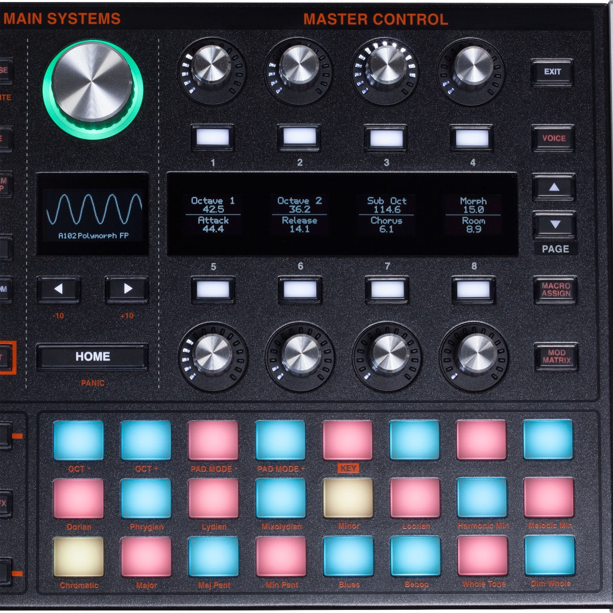 Close-up top view o ASM Hydrasynth Desktop/Rack Polyphonic Wavemorphing Synthesizer showing right-hand side of control panel