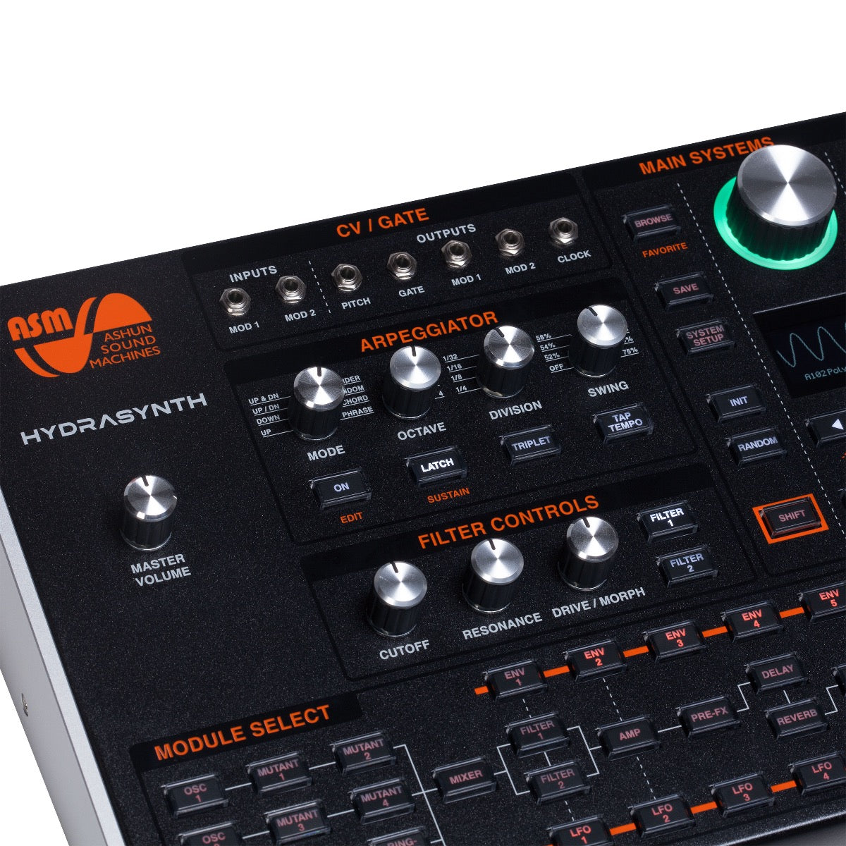 Close-up top view of ASM Hydrasynth Desktop/Rack Polyphonic Wavemorphing Synthesizer showing left-hand side of control panel