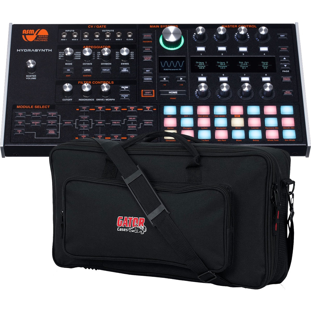 Bundle collage showing components in ASM Hydrasynth Desktop/Rack Polyphonic Wavemorphing Synthesizer CARRY BAG KIT bundle