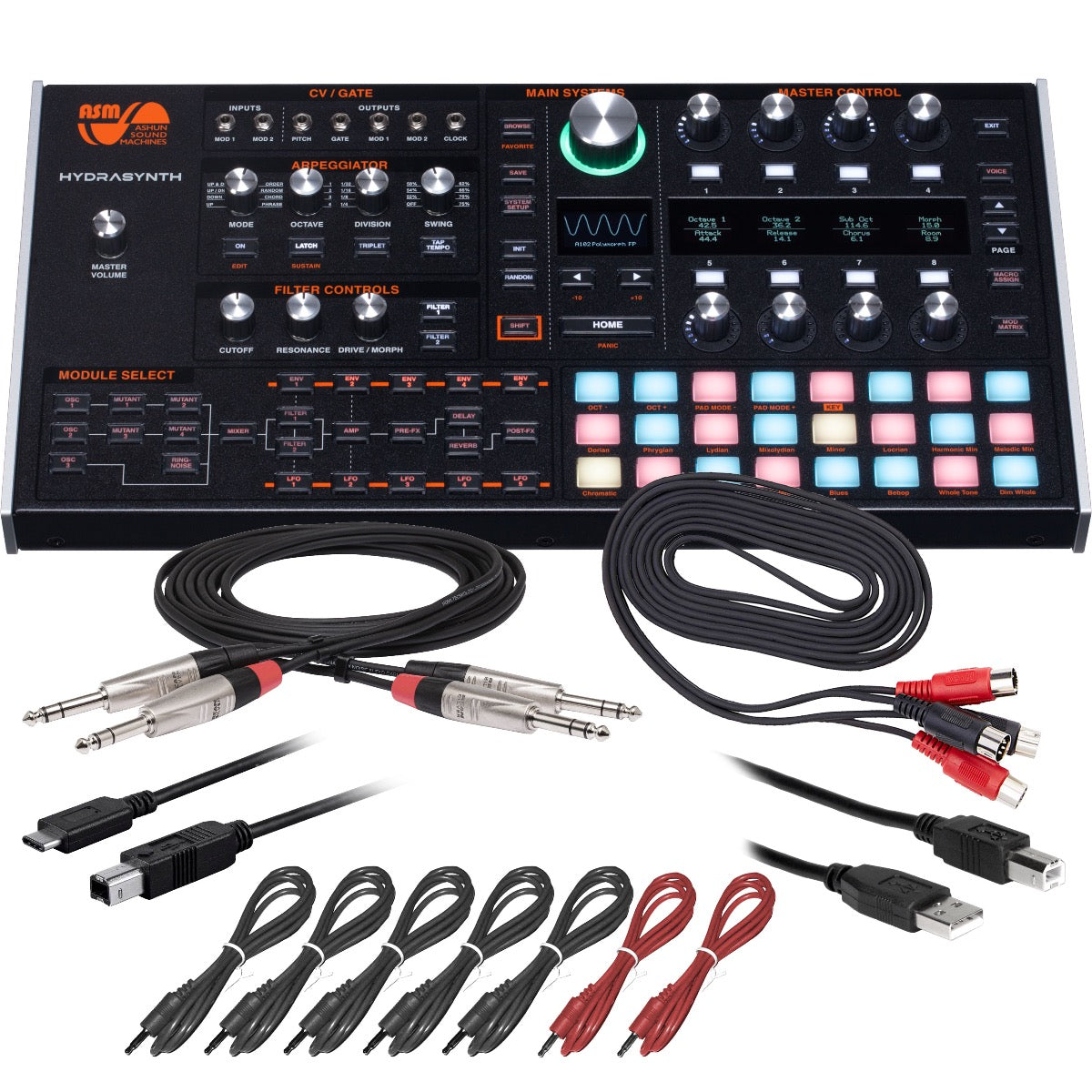 Bundle collage showing components in ASM Hydrasynth Desktop/Rack Polyphonic Wavemorphing Synthesizer CABLE KIT bundle