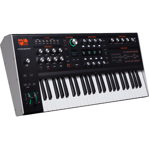Perspective view of ASM Hydrasynth Keyboard Polyphonic Wavemorphing Synthesizer showing top and left side