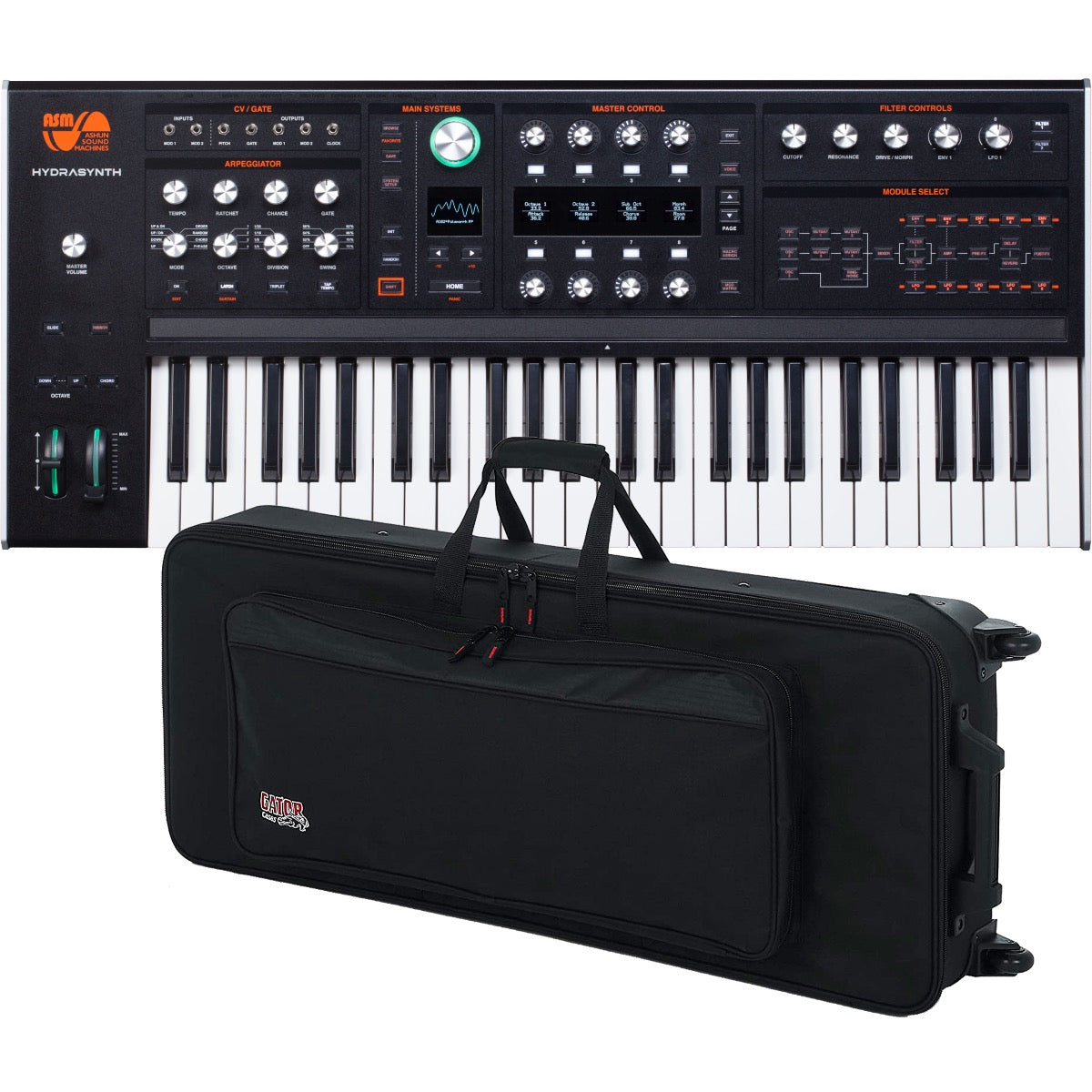 Bundle collage showing components in ASM Hydrasynth Keyboard Polyphonic Wavemorphing Synthesizer CARRY BAG KIT bundle