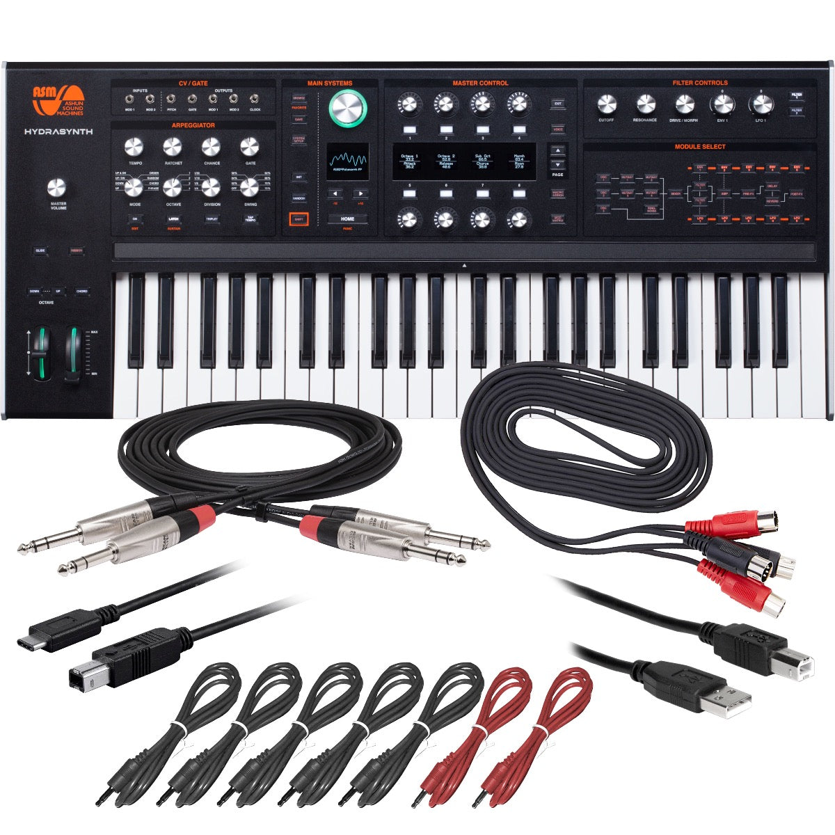 Bundle collage showing components in ASM Hydrasynth Keyboard Polyphonic Wavemorphing Synthesizer CABLE KIT bundle