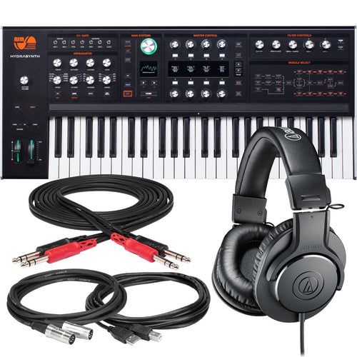 Bundle collage showing components in ASM Hydrasynth Keyboard Polyphonic Wavemorphing Synthesizer STUDIO KIT bundle