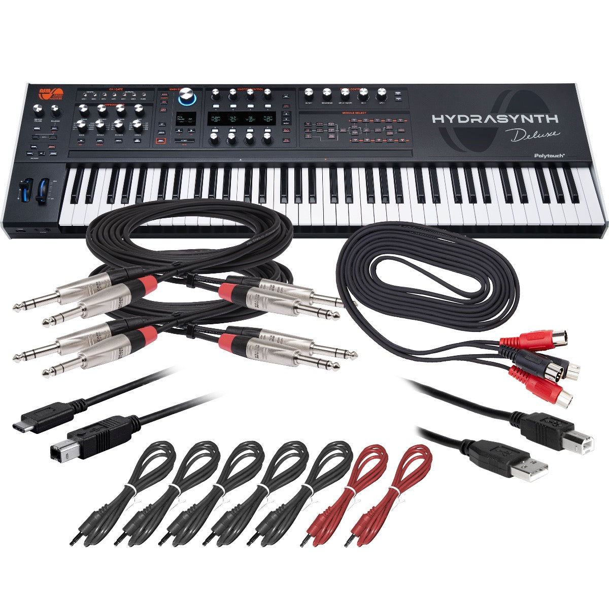 Bundle collage showing components in ASM Hydrasynth Deluxe Polyphonic Wavemorphing Synthesizer CABLE KIT bundle