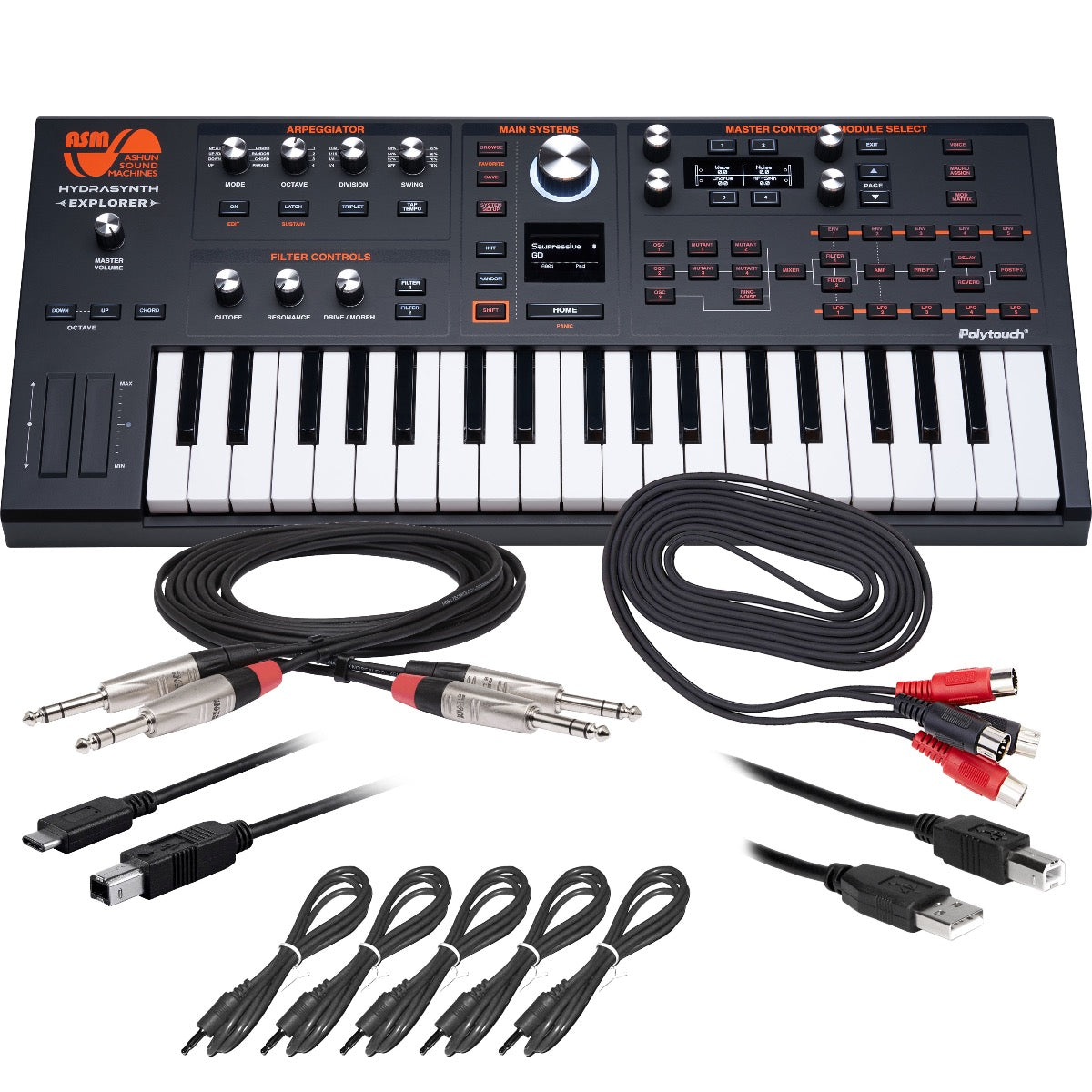 Bundle collage showing components in ASM Hydrasynth Explorer Polyphonic Wavemorphing Synthesizer CABLE KIT bundle