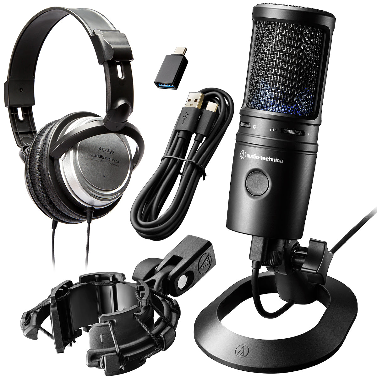 Collage of everything included with the Audio Technica AT2020USB-X USB condenser mic PERFORMER PAK