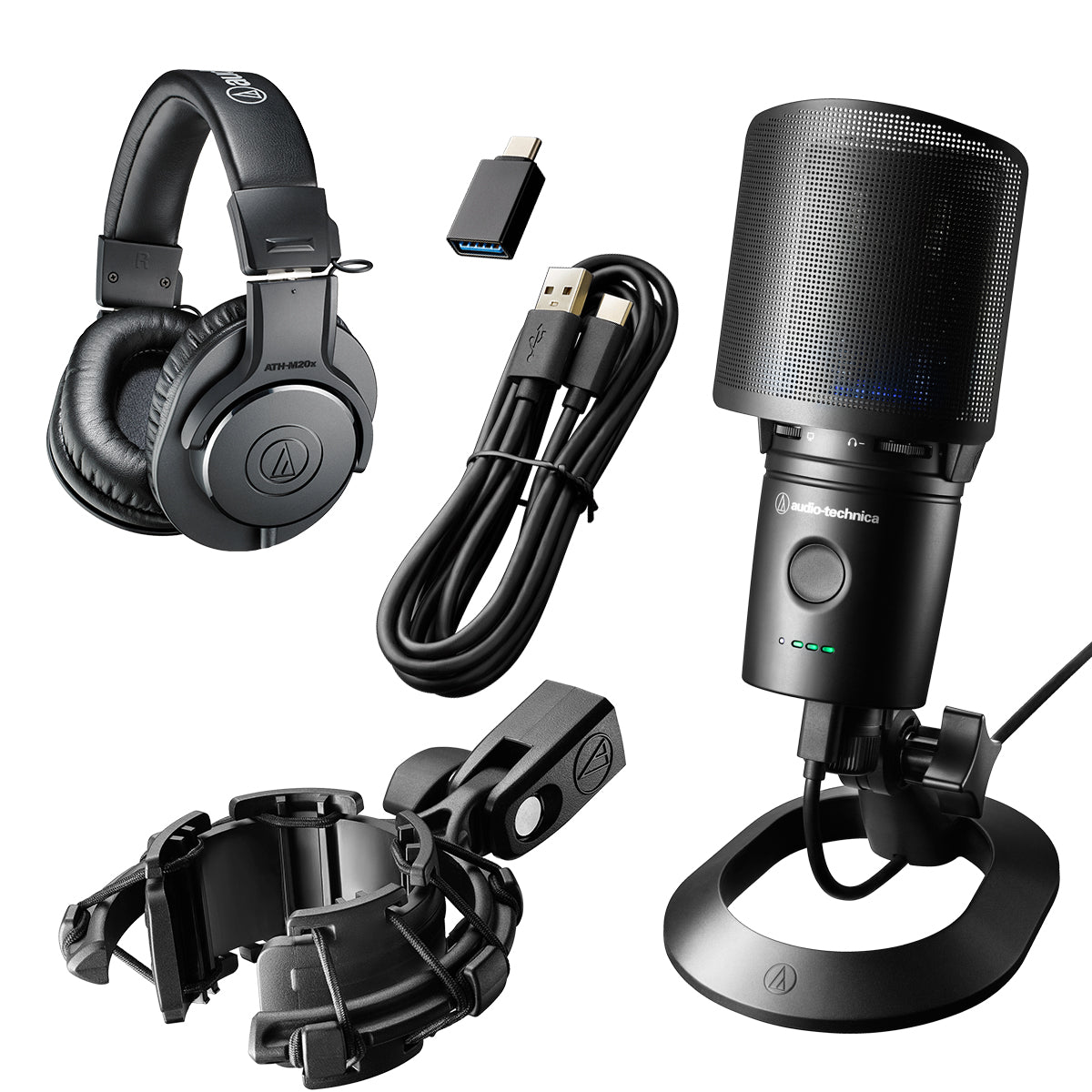 Collage image of the Audio Technica AT2020USBXP USB condenser mic with desktop stand PERFORMER PAK